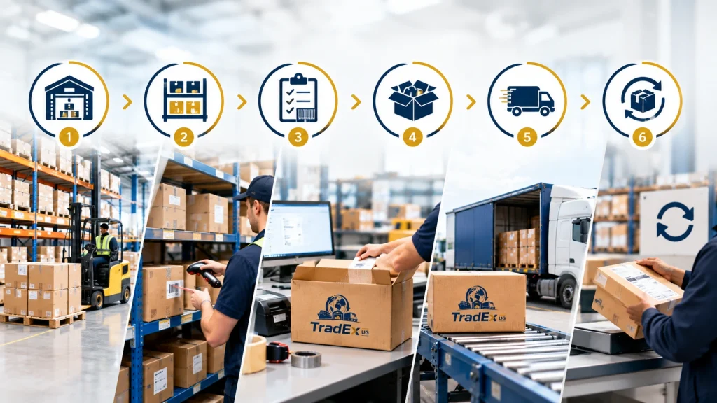 Lagerung → Bestandsverwaltung → Kommissionierung → Verpackung → Versand → Retourenmanagement showing process